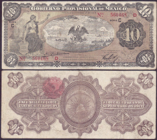 1914 Mexico 10 Pesos (Gobierno-Veracruz) L001595